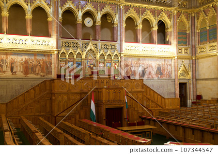 BUDAPEST, HUNGARY - 03 MAR 2019: Interior of the Budapest Parliament building and the meeting room of the Hungarian government with a lot of wood applications 107344547