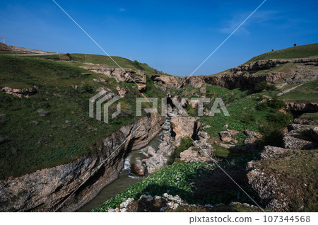Panoramic view of Aksu River canyon in Kazakhstan in spring Panoramic view of Aksu River canyon in Kazakhstan in spring 107344568