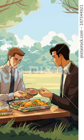 Office workers eating meal from lunchbox Office workers eating meal from lunchbox 107344921