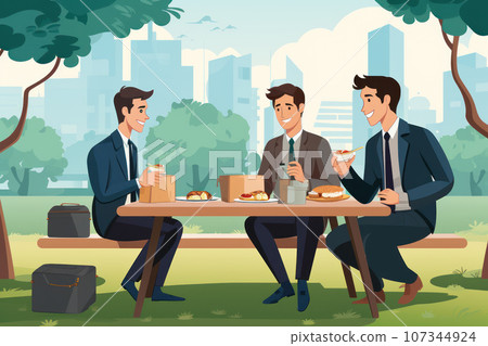 Office workers eating meal from lunchbox Office workers eating meal from lunchbox 107344924