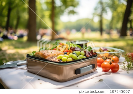 Lunchbox against the backdrop of the park Lunchbox against the backdrop of the park 107345007