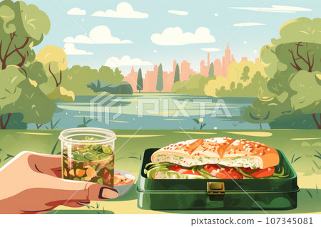 Woman with lunchbox in the park 107345081