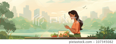 Woman with lunchbox in the park Woman with lunchbox in the park 107345082