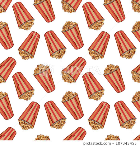 Popcorn in a basket, seamless pattern on a white background. Vector illustration. Greeting cards, invitations, covers, textiles, wrapping paper. 107345453
