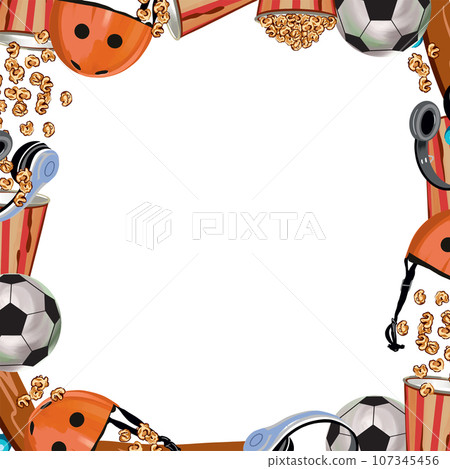 Helmet, popcorn, headphones, ball. Square frame. Template for inserting text. Vector illustration. Greeting cards, invitations, banners, posters. Helmet, popcorn, headphones, ball. Square frame. Template for inserting text. Vector illustration. Greeting cards, invitations, banners, posters. 107345456