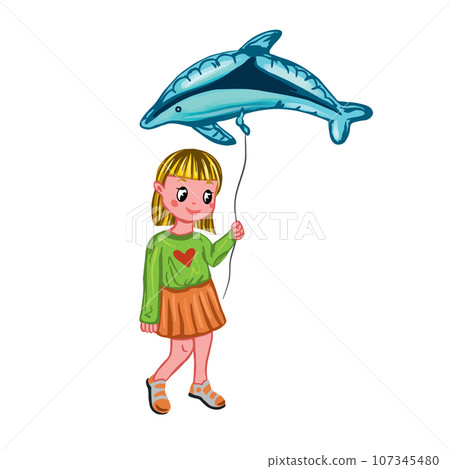 A girl with a fish-shaped balloon in her hands. Vector illustration on a children's theme. Greeting cards, posters, banners, book illustrations. 107345480