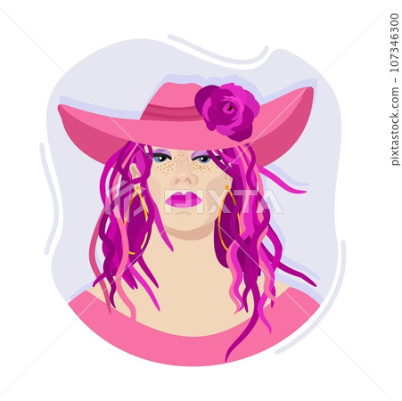 Retro cowgirl in pink outfit. Pinkcore. Vector portrait. 107346300