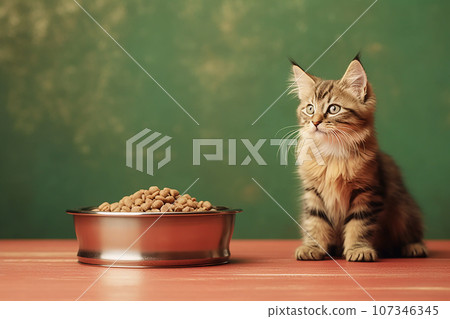 A domestic cat with a bowl full of cat treats, neutral background 107346345