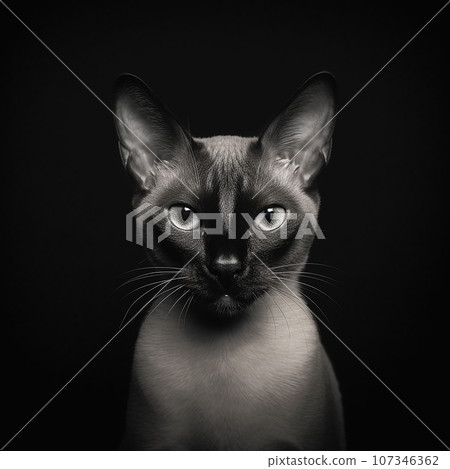 A cute and adorable Siamese cat, black and white photo, black background A cute and adorable Siamese cat, black and white photo, black background 107346362