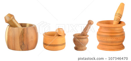 Beautiful wooden mortar and pestle isolated on white background. 107346470