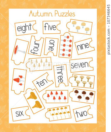 Autumn seasonal elements puzzle print and cut leaning numbers, mushrooms vector illustration, English language vocabulary practice, educational game worksheet, teachers resources Autumn seasonal elements puzzle print and cut leaning numbers, mushrooms vector illustration, English language vocabulary practice, educational game worksheet, teachers resources 107346645