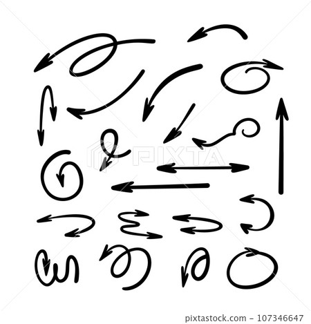 Arrows set simple hand drawn vector illustration, free form curved, straight signs pointing different directions Arrows set simple hand drawn vector illustration, free form curved, straight signs pointing different directions 107346647