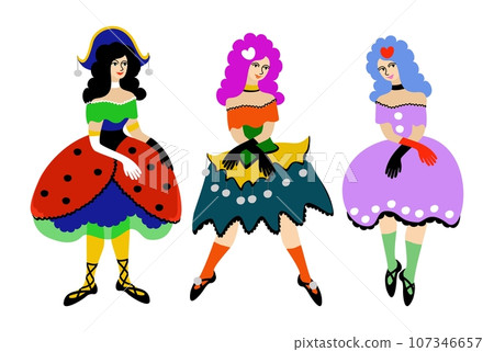 Three clowns in bright costumes. Columbine. One of the principal masks in traditional italian comedy. Commedia dell arte. Vector isolated illustration. Three clowns in bright costumes. Columbine. One of the principal masks in traditional italian comedy. Commedia dell arte. Vector isolated illustration. 107346657