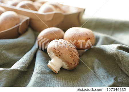 Cremini mushrooms on a green tablecloth Cremini mushrooms on a green tablecloth 107346885