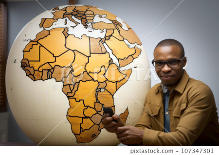 African man with a globe. Generated with AI 107347301