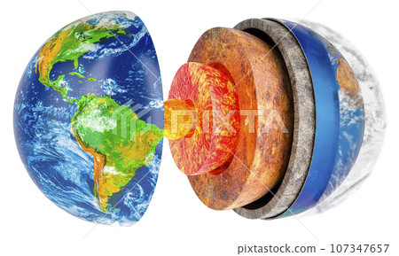 Earths layers, internal structure of Earth, cross-section of the Earth. 3D rendering 107347657