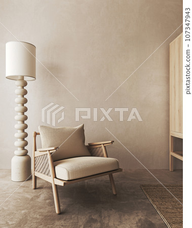 Boho beige livingroom with armchair and lamp background. Light modern japanese nature interior. 3d rendering. High quality 3d illustration Boho beige livingroom with armchair and lamp background. Light modern japanese nature interior. 3d rendering. High quality 3d illustration 107347943
