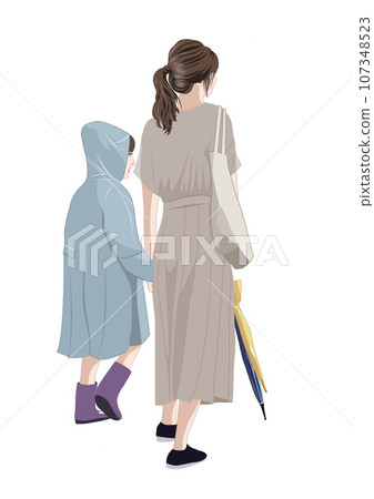 母女牽手的後視圖插圖 107348523