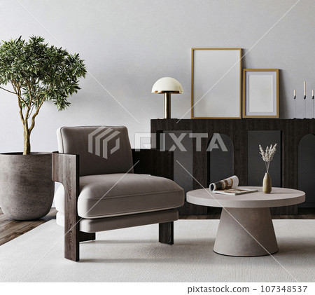 Boho beige livingroom with armchair, tree and gray wall background. Light modern japanese nature view. 3d rendering mock up. High quality 3d illustration 107348537