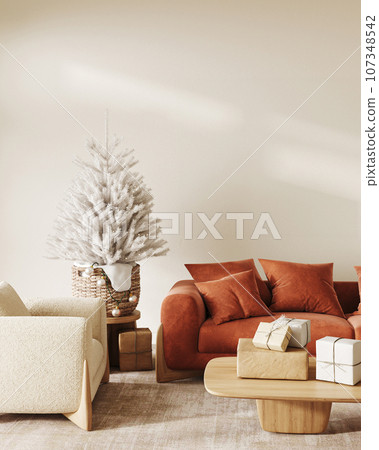 Boho beige livingroom with decorated Christmas tree and gift background. Modern nature painting view. 3d rendering mock up wall. High quality 3d illustration 107348542