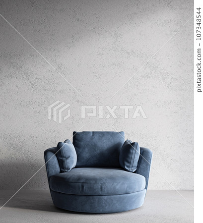 Conceptual vintage interior studio room with stucco wall. Creative composition armchair in dark blue pastel color. Mockup empty background. 3d rendering. High quality 3d illustration 107348544
