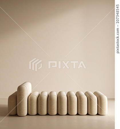 Conceptual vintage interior studio room. Creative composition couch in warm pastel color. Mockup empty background. 3d rendering. High quality 3d illustration 107348545