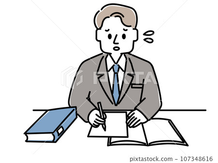 Illustration of a person sitting at a desk and working (male, failure, disappointment) Illustration of a person sitting at a desk and working (male, failure, disappointment) 107348616