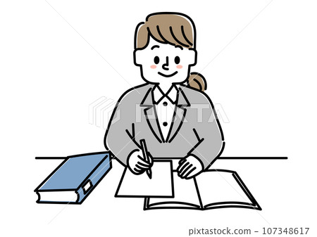 Illustration of a person sitting at a desk and working (female) Illustration of a person sitting at a desk and working (female) 107348617