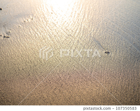 Wet sand of the beach in the rays of the setting sun. The silence of the wild beach. Natural background. Black sand in the sun close-up. Quiet place. Edge of the coast. Bathing place. Wet sand of the beach in the rays of the setting sun. The silence of the wild beach. Natural background. Black sand in the sun close-up. Quiet place. Edge of the coast. Bathing place. 107350583