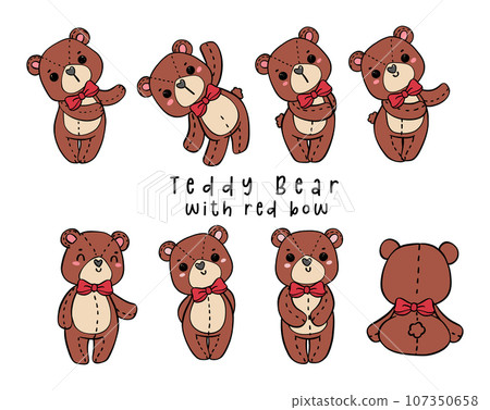 Cute innocence Teddy Bear Cartoon Doodle Collection, Adorable Hand Drawn Poses 107350658