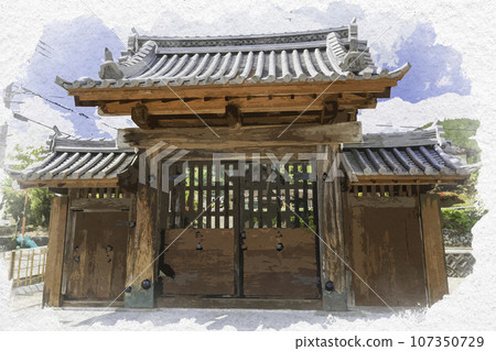 Watercolor style crescent moon, Mikazukihan Noino Jinya front gate, Sayo-cho, Sayo-gun, Hyogo Prefecture Watercolor style crescent moon, Mikazukihan Noino Jinya front gate, Sayo-cho, Sayo-gun, Hyogo Prefecture 107350729