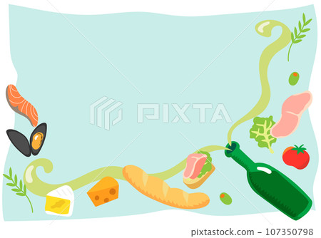 白葡萄酒和與葡萄酒相配的食物的框架-風景 白葡萄酒和與葡萄酒相配的食物的框架-風景 107350798