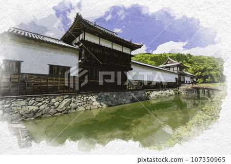 Watercolor painting style crescent moon, Mikazuki clan Noino Jinya ruins, Omonomi tower, Sayo-cho, Sayo-gun, Hyogo Prefecture Watercolor painting style crescent moon, Mikazuki clan Noino Jinya ruins, Omonomi tower, Sayo-cho, Sayo-gun, Hyogo Prefecture 107350965