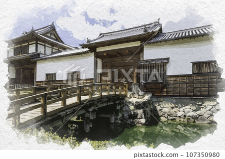 Watercolor style crescent moon, Mikazuki clan Noino Jinya ruins, Jinyakan, Sayo-cho, Sayo-gun, Hyogo Prefecture Watercolor style crescent moon, Mikazuki clan Noino Jinya ruins, Jinyakan, Sayo-cho, Sayo-gun, Hyogo Prefecture 107350980