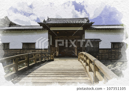 Watercolor painting style crescent moon, Mikazuki clan Noino Jinya ruins, main gate, Sayo-cho, Sayo-gun, Hyogo Prefecture Watercolor painting style crescent moon, Mikazuki clan Noino Jinya ruins, main gate, Sayo-cho, Sayo-gun, Hyogo Prefecture 107351105
