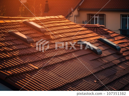 Solar panels producing clean energy on a roof of a residential house. AI Generative. 107351382