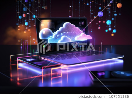 neon light showing cloud computing on tablet computer. neon light showing cloud computing on tablet computer. AI Generative. 107351386
