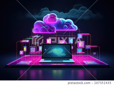 neon light showing cloud computing on tablet computer. neon light showing cloud computing on tablet computer. AI Generative. 107351435