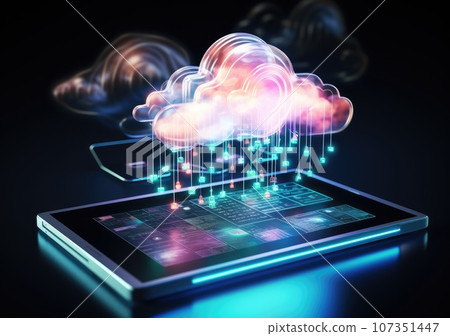 neon light showing cloud computing on tablet computer. neon light showing cloud computing on tablet computer. AI Generative. 107351447