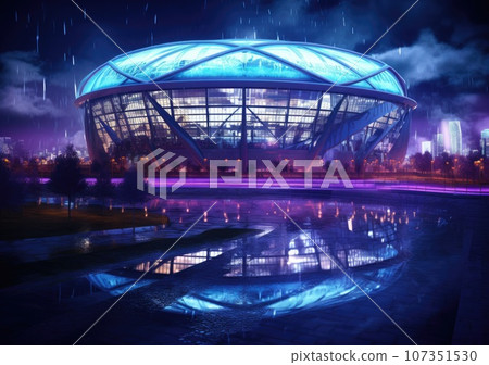 Football stadium at night, soccer stadium with ongoing game at night.  Drone view. AI Generative. 107351530