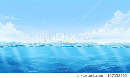 手绘卡通蓝色的天空和海面插画背景 手绘卡通蓝色的天空和海面插画背景 107352263