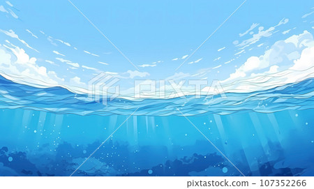 手绘卡通蓝色的天空和海面插画背景 手绘卡通蓝色的天空和海面插画背景 107352266
