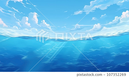 手绘卡通蓝色的天空和海面插画背景 手绘卡通蓝色的天空和海面插画背景 107352269