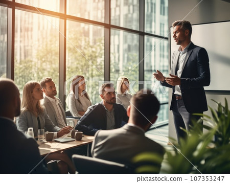 Business presentation, Businessman making a presentation at office. Business executive delivering a presentation to his colleagues during meeting. AI Generative. 107353247