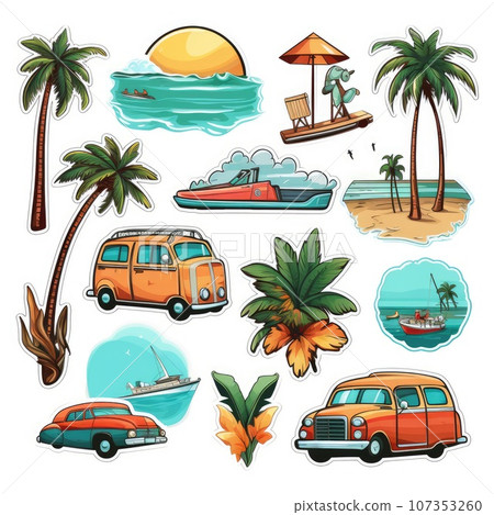 Summer holiday set, wardrobe items for traveling and relaxing on the beach. Linear drawing, pastel gentle color, coloring book. AI Generative. 107353260