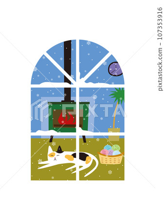 Illustration of a cat relaxing by the window in a room with a fireplace while it snows 107353916