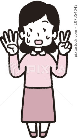 A full-body illustration of a sweaty and panicked woman making 42 hand signs with two fingers on her left hand and four fingers on her right hand. 107354045
