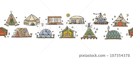 Glamping Adventures: Vector Illustration Collection for Outdoor Luxury Camping. Horizontal line seamless pattern 107354378