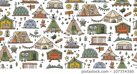 Glamping Adventures: Vector Illustration Collection for Outdoor Luxury Camping. Seamless pattern Glamping Adventures: Vector Illustration Collection for Outdoor Luxury Camping. Seamless pattern 107354380