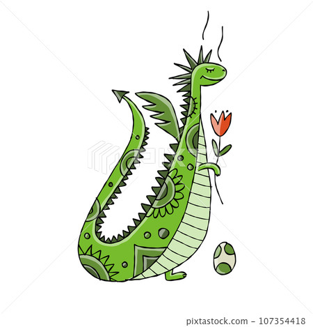 Funny Lady Dragon character with flower, isolated on white. Symbol of Chinese New Year 2024 for your design 107354418